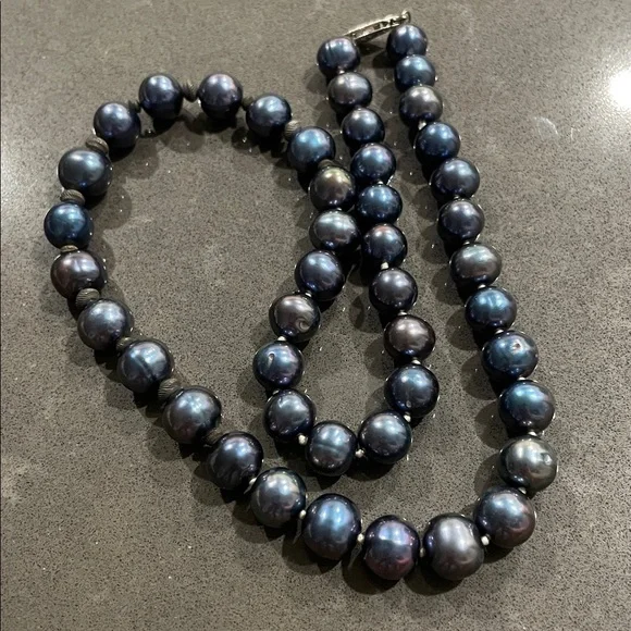 Blue Gray Pearl Necklace with 925 Silver Fish Hook Clasp - Picture 9 of 17